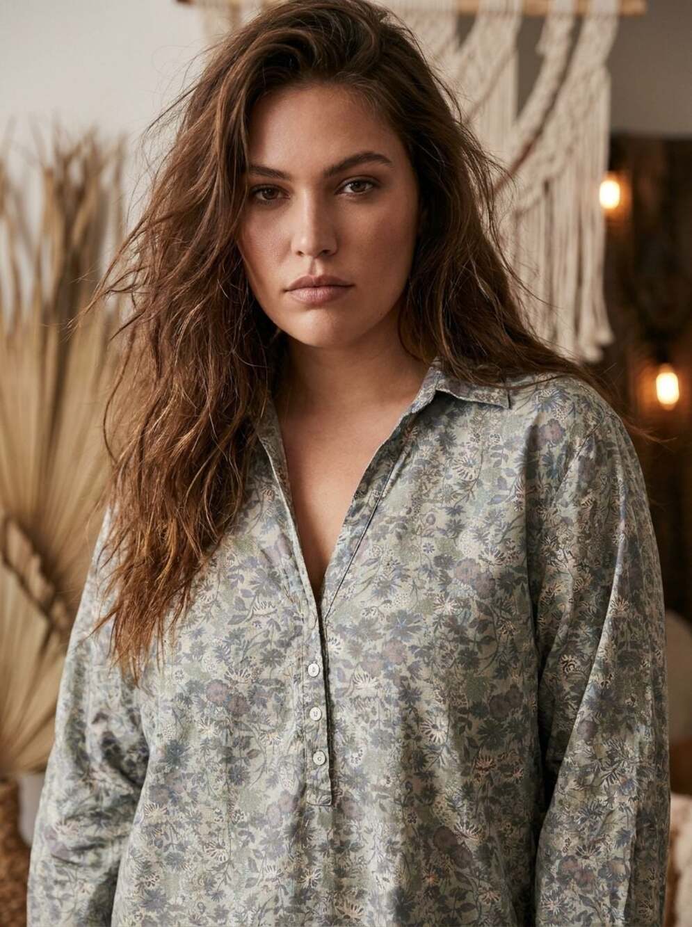 Eddie Bauer XXL Long Sleeve Floral Printed Cotton Henley Tunic Blouse